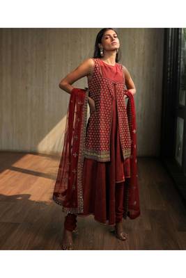 Mroon Asymmetric Angrakha With Embroidered Dupatta And Churridar 1
