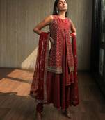 Mroon Asymmetric Angrakha With Embroidered Dupatta And Churridar