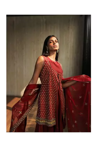 Mroon Asymmetric Angrakha With Embroidered Dupatta And Churridar