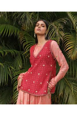 Blush Pink Flare Kurta With Maroon Boxy Top And Pallazos 1