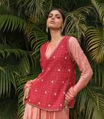 Blush Pink Flare Kurta With Maroon Boxy Top And Pallazos