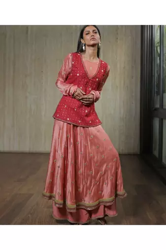 Blush Pink Flare Kurta With Maroon Boxy Top And Pallazos