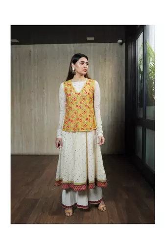 Ivory Flare Kurta With Yellow Boxy Top And Pallazos