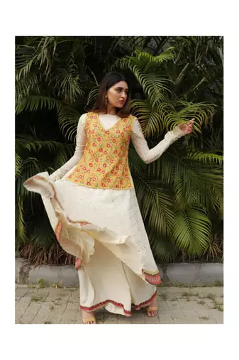 Ivory Flare Kurta With Yellow Boxy Top And Pallazos