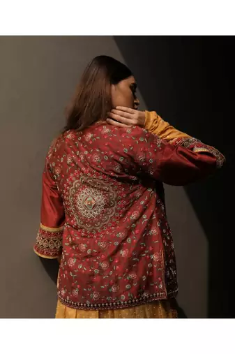 Yellow A-Line Embroidered Kurta With Boxy Jacket And Churridar