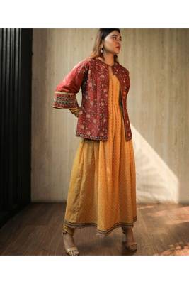 Yellow A-Line Embroidered Kurta With Boxy Jacket And Churridar 1