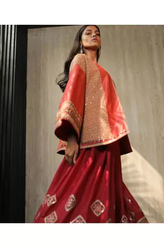 Maroon A-Line Embroidered Kurta With Boxy Jacket And Churridar