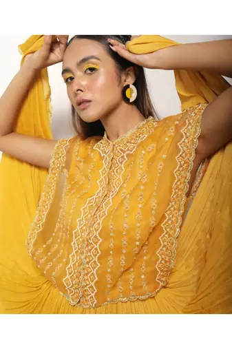 Yellow Kurta With Embroidered Organza Jacket