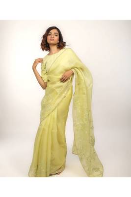 Lime Green Embroidered Organza Saree With Matching Embroidered Blouse 1
