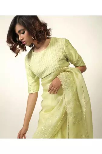Lime Green Embroidered Organza Saree With Matching Embroidered Blouse