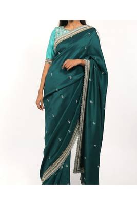 Peacock Green Embroidered Silk Saree With Contrasting Embroidered Blouse 1