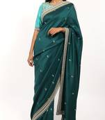 Peacock Green Embroidered Silk Saree With Contrasting Embroidered Blouse