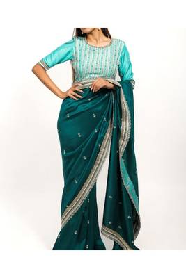 Peacock Green Embroidered Silk Saree With Contrasting Embroidered Blouse 2
