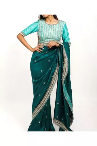 Peacock Green Embroidered Silk Saree With Contrasting Embroidered Blouse