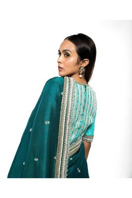 Peacock Green Embroidered Silk Saree With Contrasting Embroidered Blouse 3