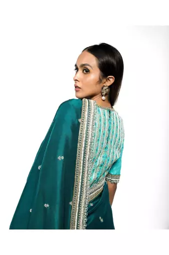 Peacock Green Embroidered Silk Saree With Contrasting Embroidered Blouse