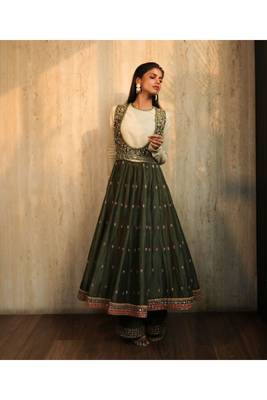 Olive Green Embroidered Angrakha,Crop Top And Bell Bottoms 1