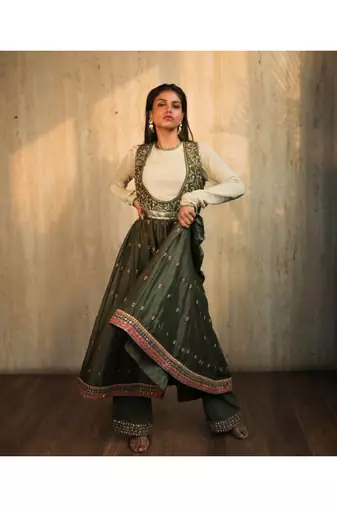 Olive Green Embroidered Angrakha,Crop Top And Bell Bottoms