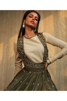 Olive Green Embroidered Angrakha,Crop Top And Bell Bottoms 3