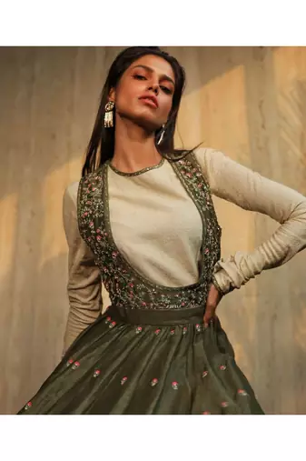 Olive Green Embroidered Angrakha,Crop Top And Bell Bottoms