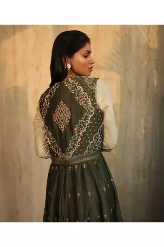 Olive Green Embroidered Angrakha,Crop Top And Bell Bottoms