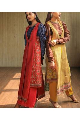 Yellow Asymmetric Jacket With Brown Cowl Sleeves Top And Pants 1