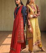 Yellow Asymmetric Jacket With Brown Cowl Sleeves Top And Pants