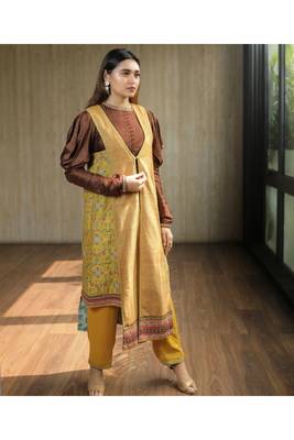 Yellow Asymmetric Jacket With Brown Cowl Sleeves Top And Pants 2