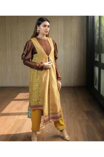 Yellow Asymmetric Jacket With Brown Cowl Sleeves Top And Pants