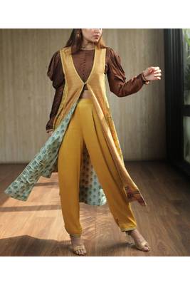 Yellow Asymmetric Jacket With Brown Cowl Sleeves Top And Pants 3