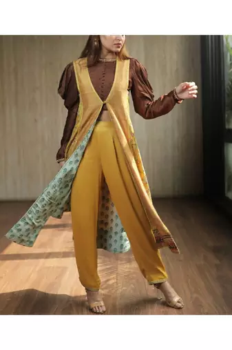 Yellow Asymmetric Jacket With Brown Cowl Sleeves Top And Pants
