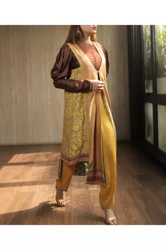 Yellow Asymmetric Jacket With Brown Cowl Sleeves Top And Pants