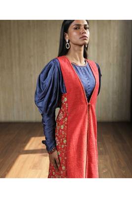 Pink Asymmetric Jacket With Blue Cowl Sleeves Top And Pants 1