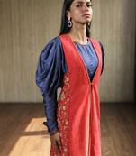 Pink Asymmetric Jacket With Blue Cowl Sleeves Top And Pants