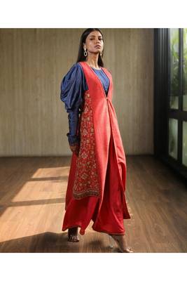 Pink Asymmetric Jacket With Blue Cowl Sleeves Top And Pants 2