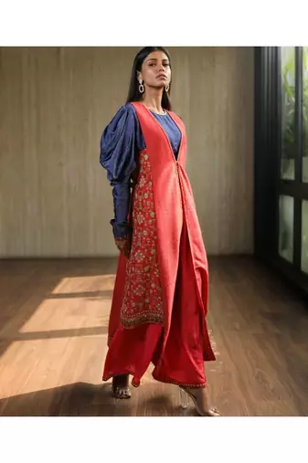Pink Asymmetric Jacket With Blue Cowl Sleeves Top And Pants