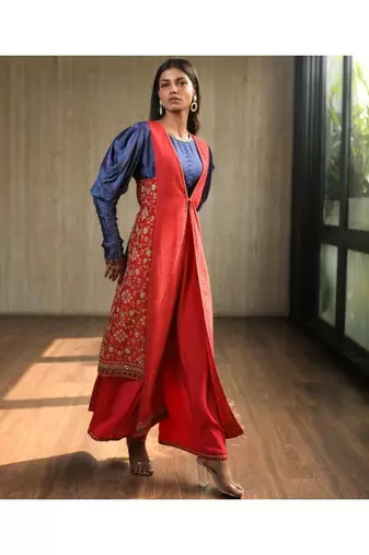 Pink Asymmetric Jacket With Blue Cowl Sleeves Top And Pants