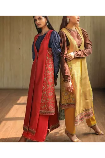 Pink Asymmetric Jacket With Blue Cowl Sleeves Top And Pants