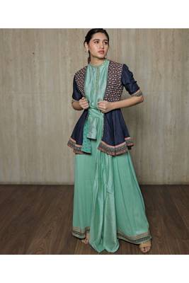 Peplum Jacket With Sky Blue Wrap Top  And Pallazos 2