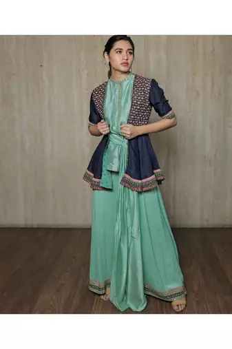 Peplum Jacket With Sky Blue Wrap Top  And Pallazos