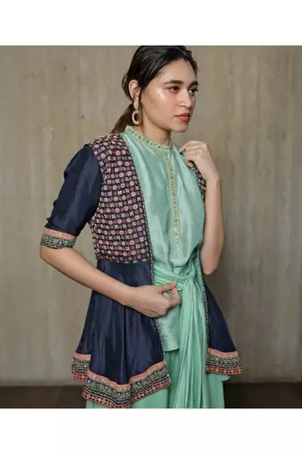 Peplum Jacket With Sky Blue Wrap Top  And Pallazos