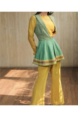 Green Embroidered Peplum Jacket With Crop Top And Bell Bottoms 1