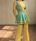 Green Embroidered Peplum Jacket With Crop Top And Bell Bottoms