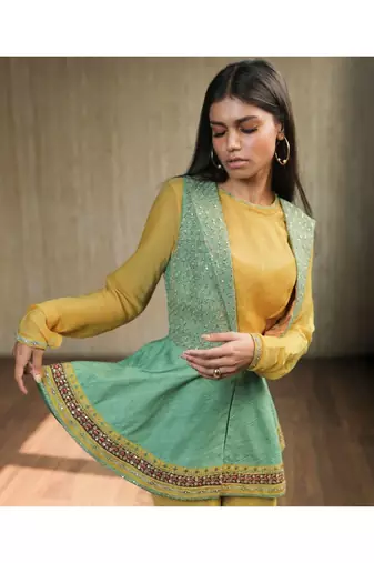 Green Embroidered Peplum Jacket With Crop Top And Bell Bottoms