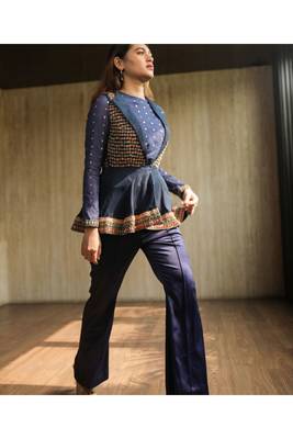 Navy Blue Embroidered Peplum Jacket With Crop Top And Bell Bottoms 1