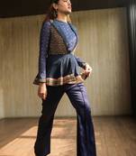 Navy Blue Embroidered Peplum Jacket With Crop Top And Bell Bottoms