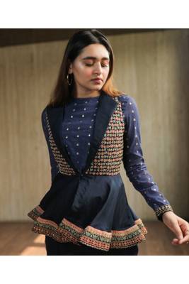 Navy Blue Embroidered Peplum Jacket With Crop Top And Bell Bottoms 2