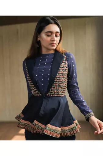 Navy Blue Embroidered Peplum Jacket With Crop Top And Bell Bottoms