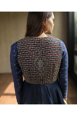Navy Blue Embroidered Peplum Jacket With Crop Top And Bell Bottoms 3
