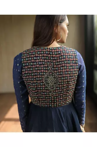 Navy Blue Embroidered Peplum Jacket With Crop Top And Bell Bottoms